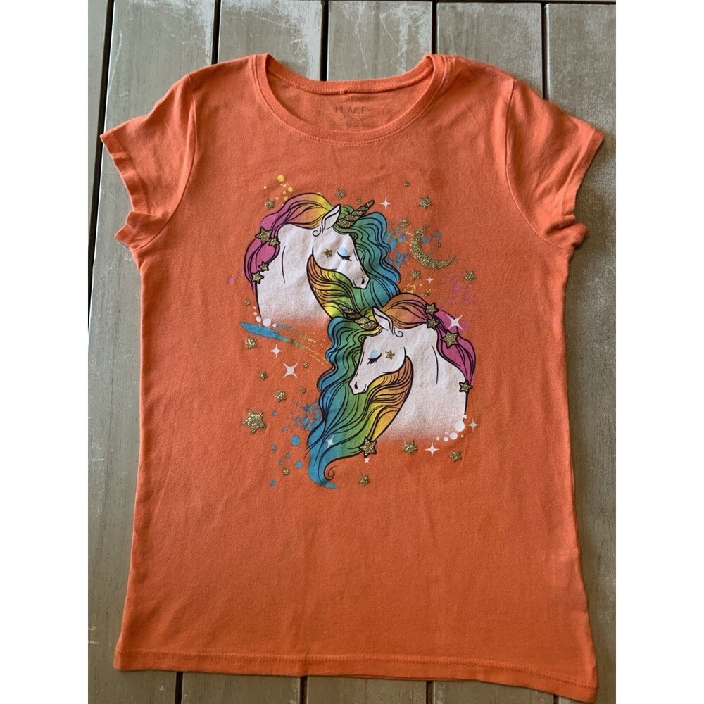 The Children's Place Girls Size 6 Orange Unicorn Graphic Glitter Crew Neck Tee